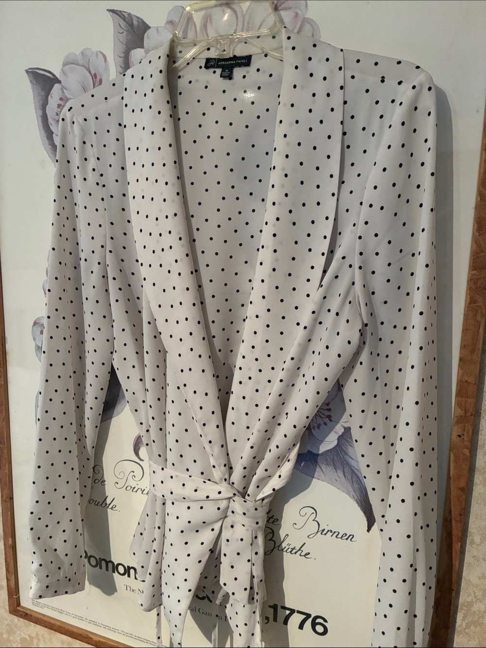 Adrianna Papell White Blouse with Black Polka Dots and Front Tie